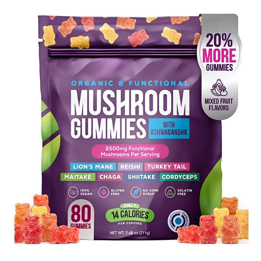 Organic Mushroom Gummies -Lions Mane Mushroom Supplement Gummies- Immune Defense, Boosts Cognitive Performance - 80 Gummies