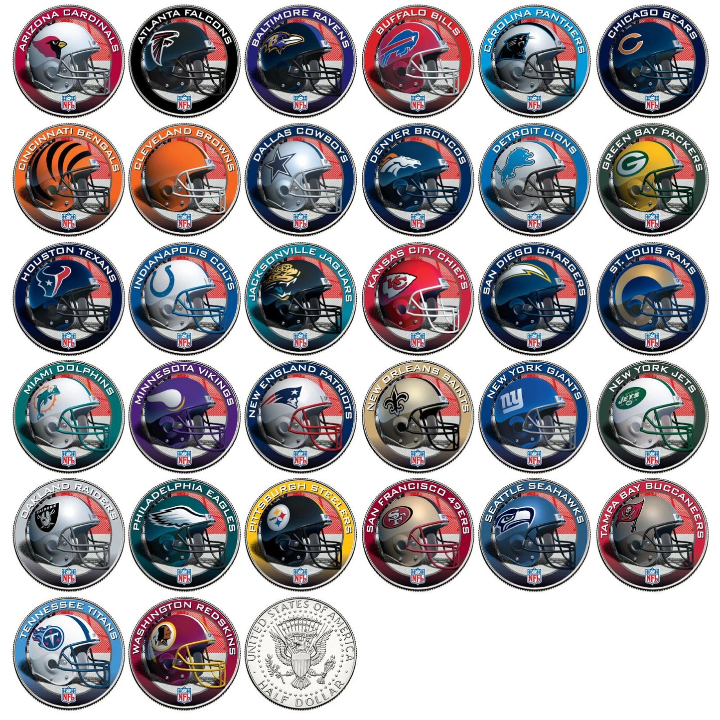 NFL HELMET LOGOS JFK Half Dollar US Football Coins OFFICIALLY LICENSED 32 TEAMS